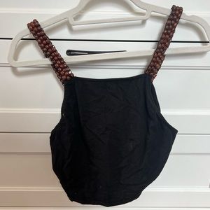 Black tank with wooden beaded straps